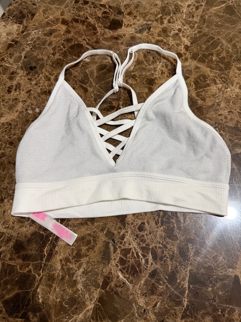 PINK Victoria's Secret White with Silver Lace-Up V-Neck Bralette